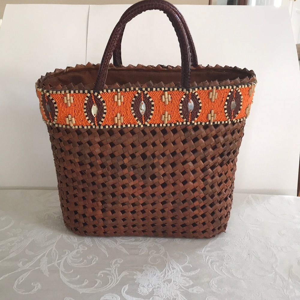 Beirn Straw BeadedTote w/ Real Snake Skin Handles